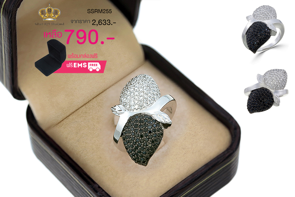 แหวนเพชร ประดับ เพชรCZ ตัวเรือนเงินแท้100% (เงินแท้92.5%) แหวนทรงดอกไม้กำลังผลิ 2 ดอก ฝังเพชรกลมขาว 1 ดอกและฝังเพชรกลมดำ 1 ดอกสลับกัน ผสมผสานความงดงาม ไว้ได้อย่างลงตัว