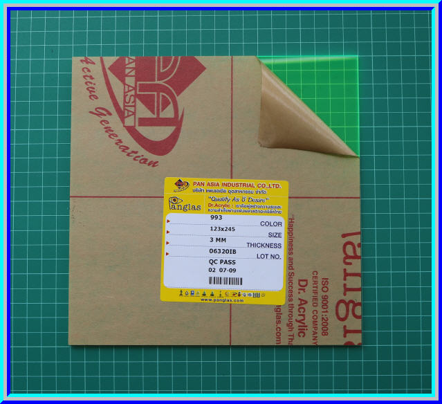 1x แผ่นอะคริลิคสีเขียวใส ขนาด 20x20 ซม. หนา 3 มม