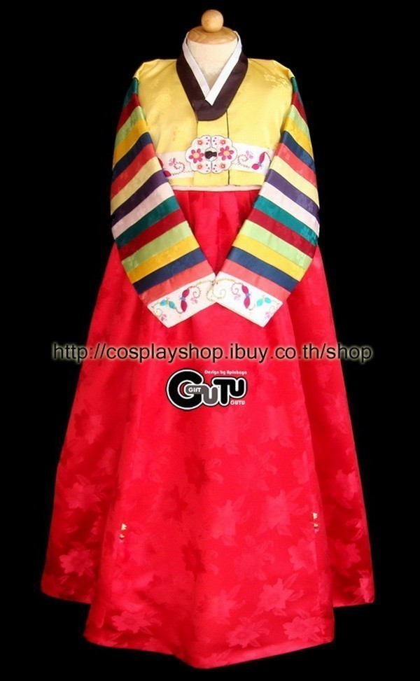 ชุดฮันบก+หมวก เด็กโต 10-11 เสื้อแขนต่อลายปัก/กระโปงสีแดง