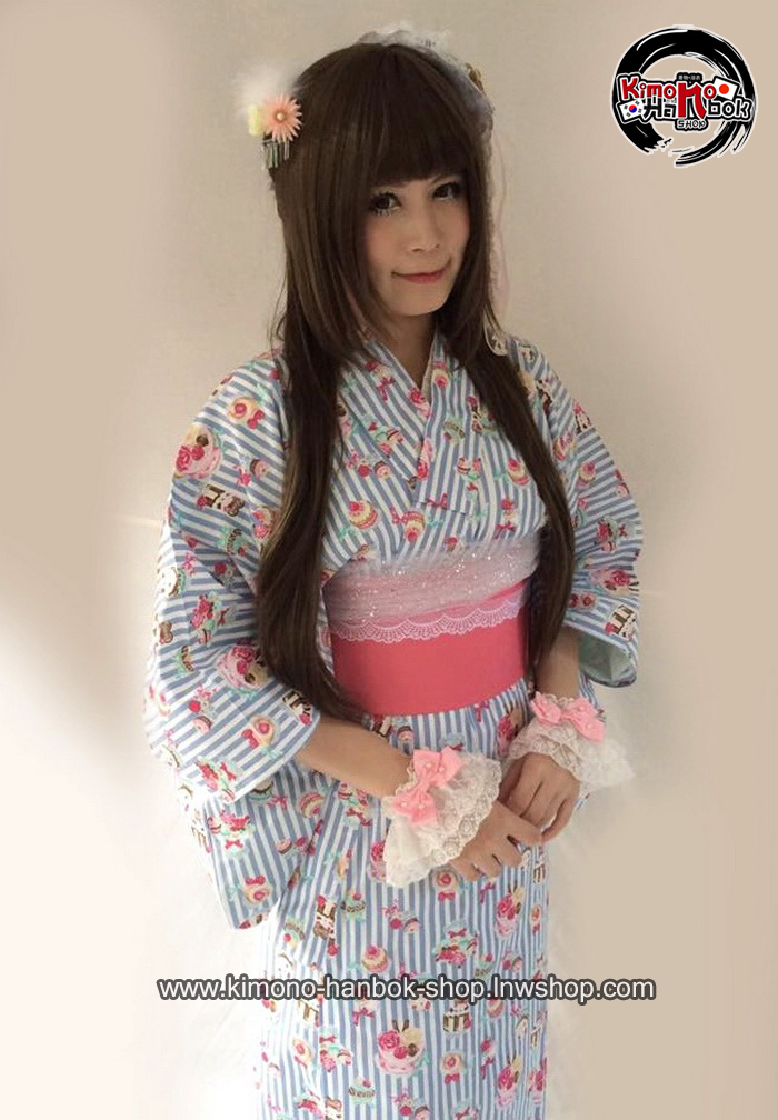 set.ยูกาตะ ลายทางสีฟ้ารุ่นขนมหวาน03