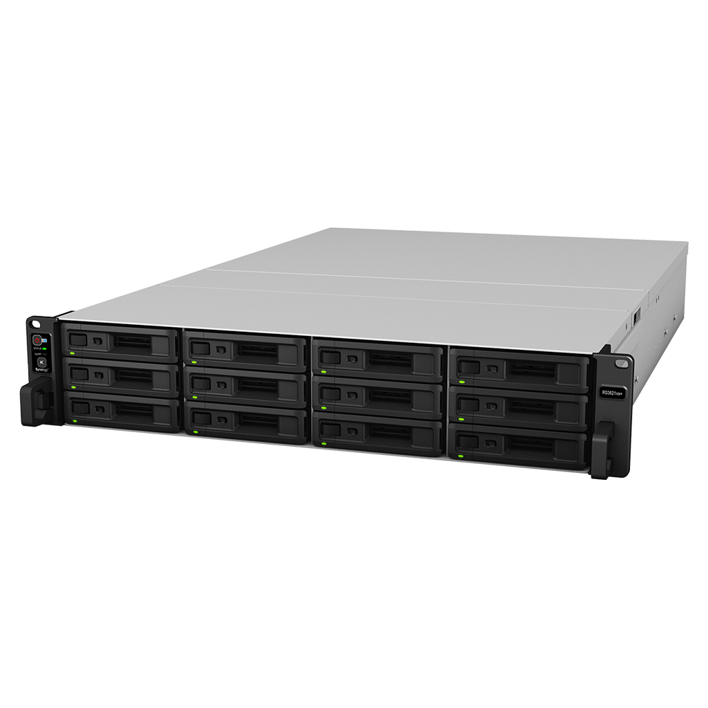 Synology DiskStation RS3621xs+: 12-bay RackStation (up to 36-bay), Eight Core 2.1 GHz (16 threads - turbo to 2.7GHz), 8GB RAM (up to 64GB), 2x10GbE Base T, Redundant power