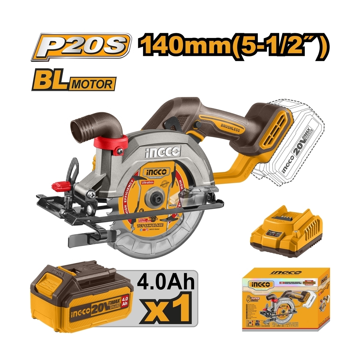 INGCO เลื่อยวงเดือนไร้สาย 20V 5 นิ้ว มอเตอร์ไร้แปรงถ่าน รุ่น CSLI14021