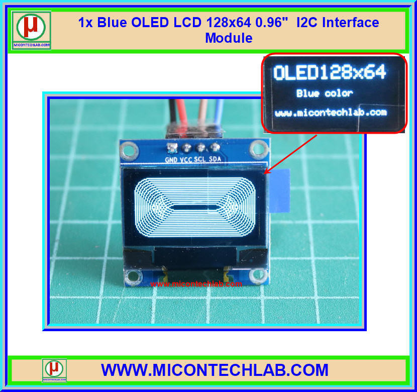 1x จอ OLED LCD 128x64 สีน้ำเงิน ขนาด 0.96" แบบ I2C