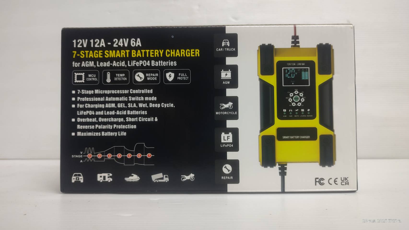 FOXSUR 12V12A เครื่องชาร์จแบตรถ กำลังไฟสูง ที่ชาร์จแบตรถ รถยนต์ มอไซค์ FBC122412D