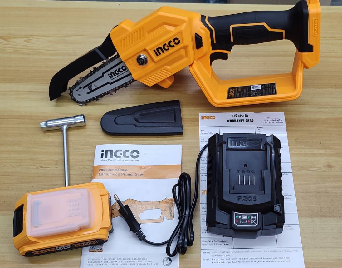 INGCO เลื่อยโซ่5" 20V CGSLI20581 ครบชุดพร้อมแบต แท่นชาร์จ
