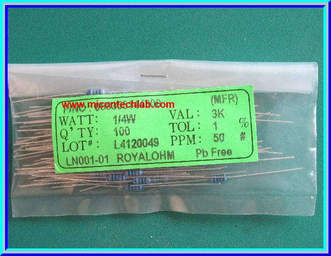 100x ตัวต้านทาน 3 Kohm 1/4 Watt 1% Metal film Resistor