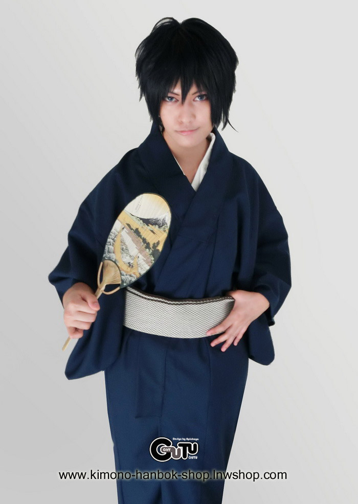 set.กิโมโนหน้าร้อนชาย สีน้ำเงินพื้น+โอบิสำเร็จชาย