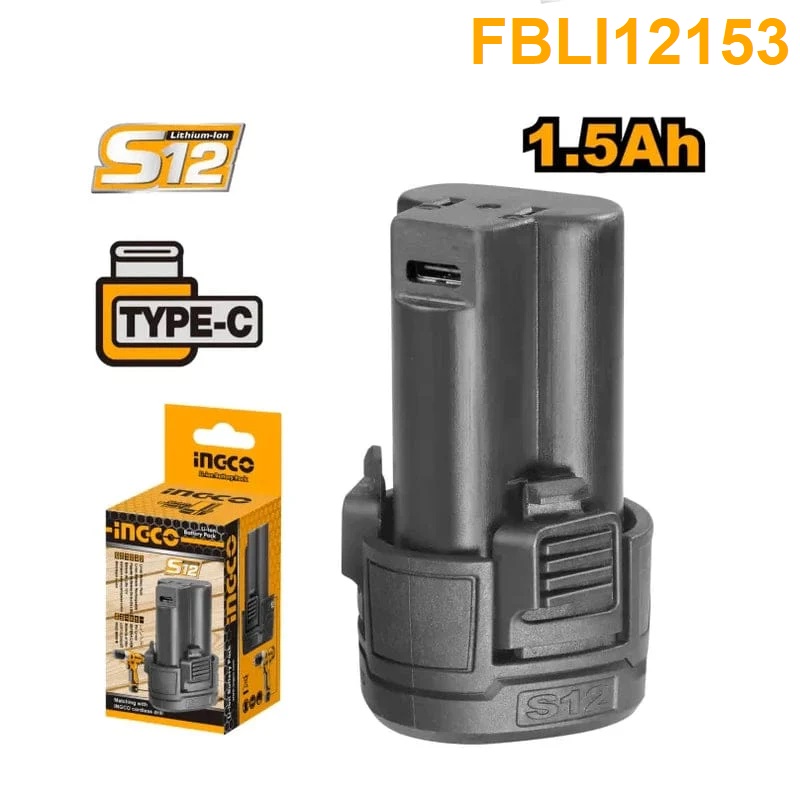 INGCO แบตเตอรี่ไอออน 12 V ขนาด 1.5AH (ชาร์จ TYPE C) รุ่น FBLI12153 ใช้กับสว่านไร้สาย 12V INGCO ทุกกรุ่น