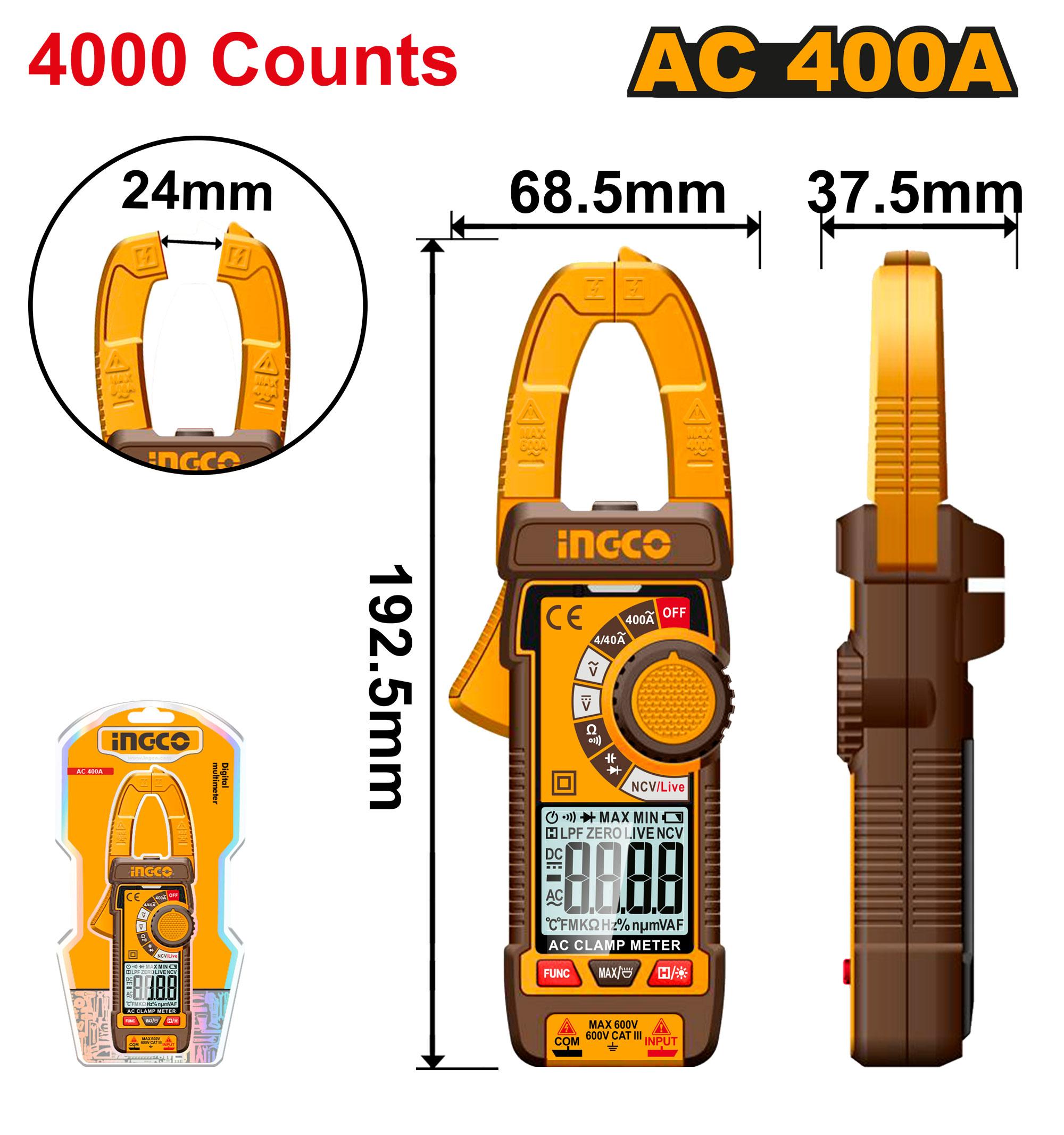 INGCO ดิจิตอลแคลมป์มิเตอร์ AC 400A รุ่น DCM62001