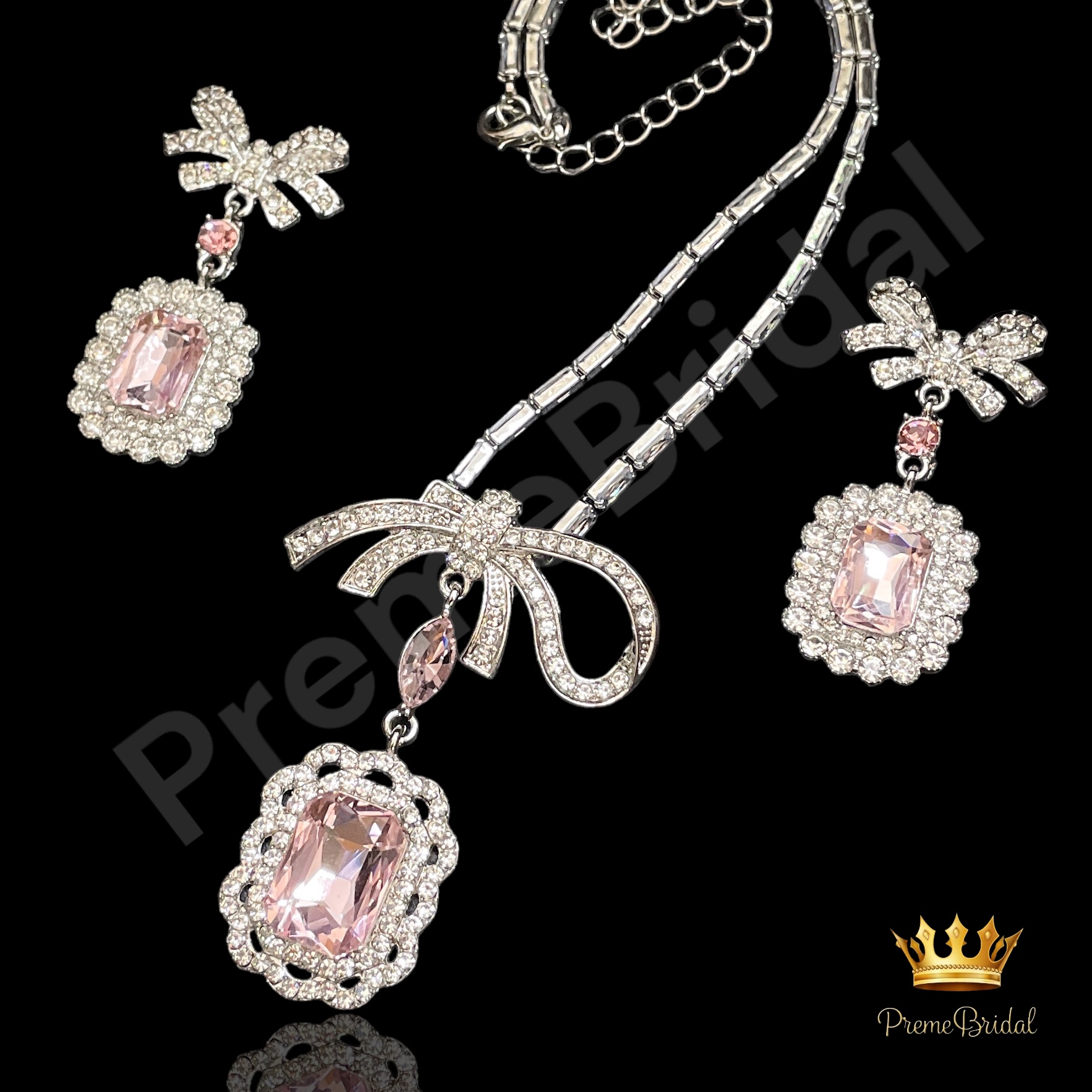 (พร้อมส่ง) สร้อยคอเพชร+ต่างหูแบบเข็ม 015 ใส่ออกงาน สวยหรูดูแพง โบว์สีชมพูหวานมาก