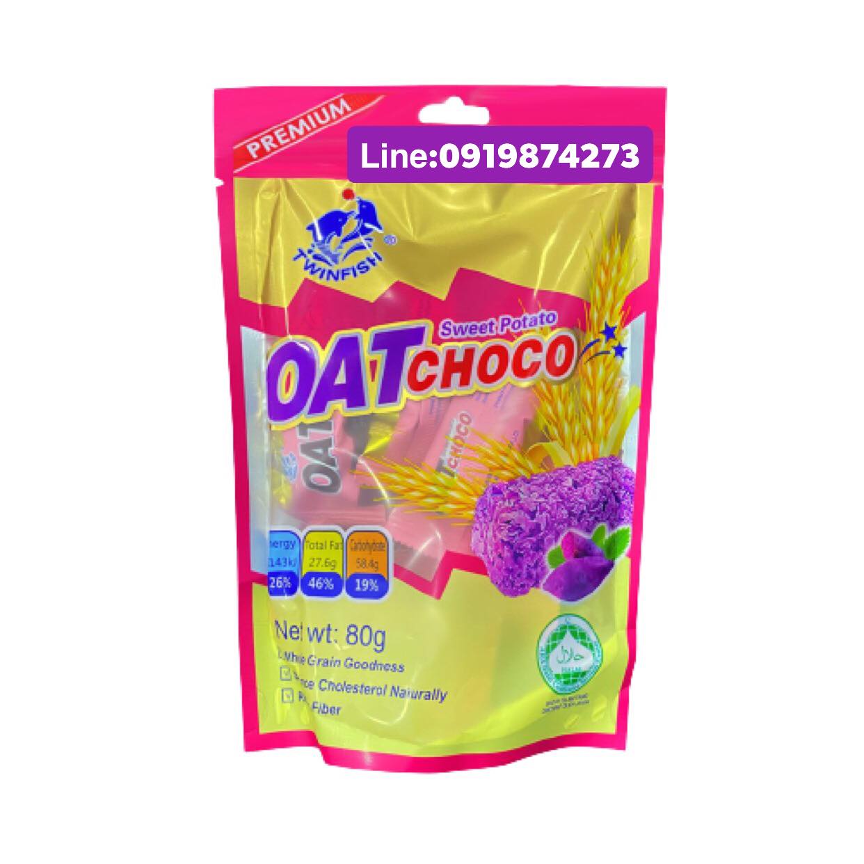 Oat Choco ขนมข้าวโอ๊ตอัดแท่ง ห่อเล็ก มี 4 รสชาติ ปริมาณ 80 กรัม เหมาะกับคนที่รักสุขภาพ อร่อย ครบรส รสมันม่วงหวาน Twinfish ข้าวโอ๊ตอัดแท่ง ธัญพืชจากธรรมชาติ พลังงานสูง ไขมันคอเลสเตอรอลต่ำ จุ่มนมหรือจิบชากาแฟมื้อเช้า บ่าย อร่อยทุกรส