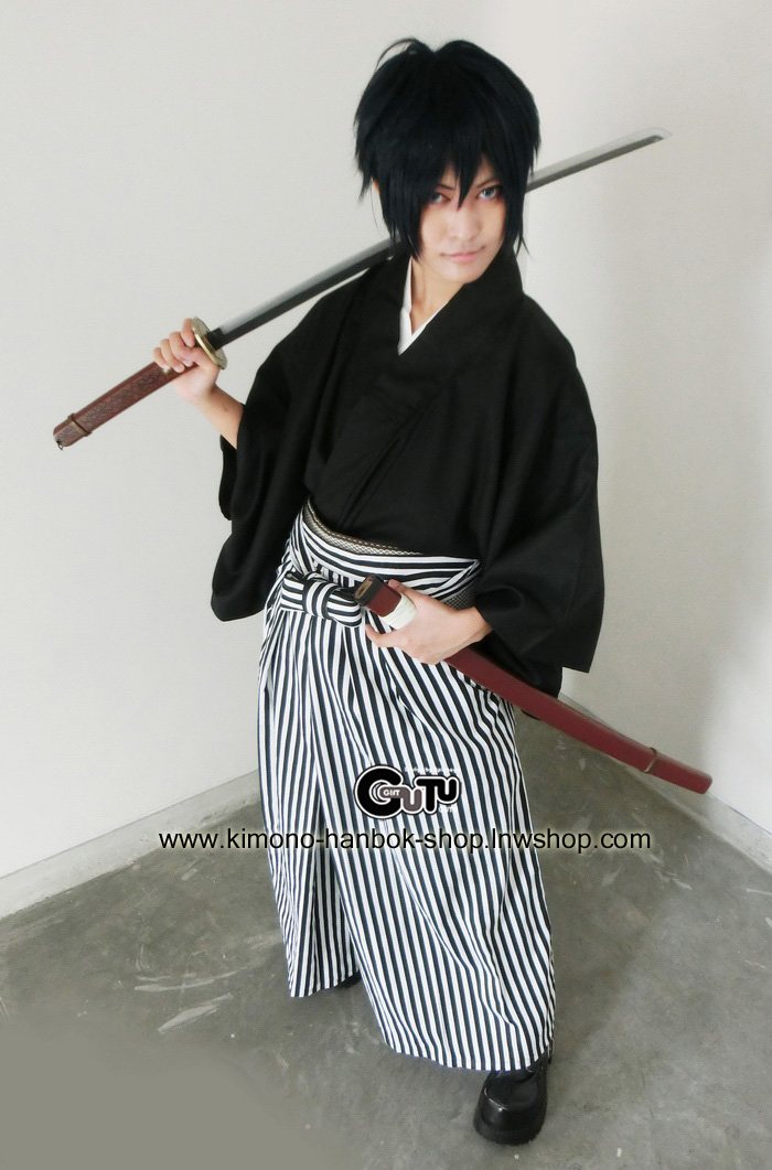 Set. กิโมโน(หน้าร้อน)ชาย+ฮากามะ สีขาว-ดำ