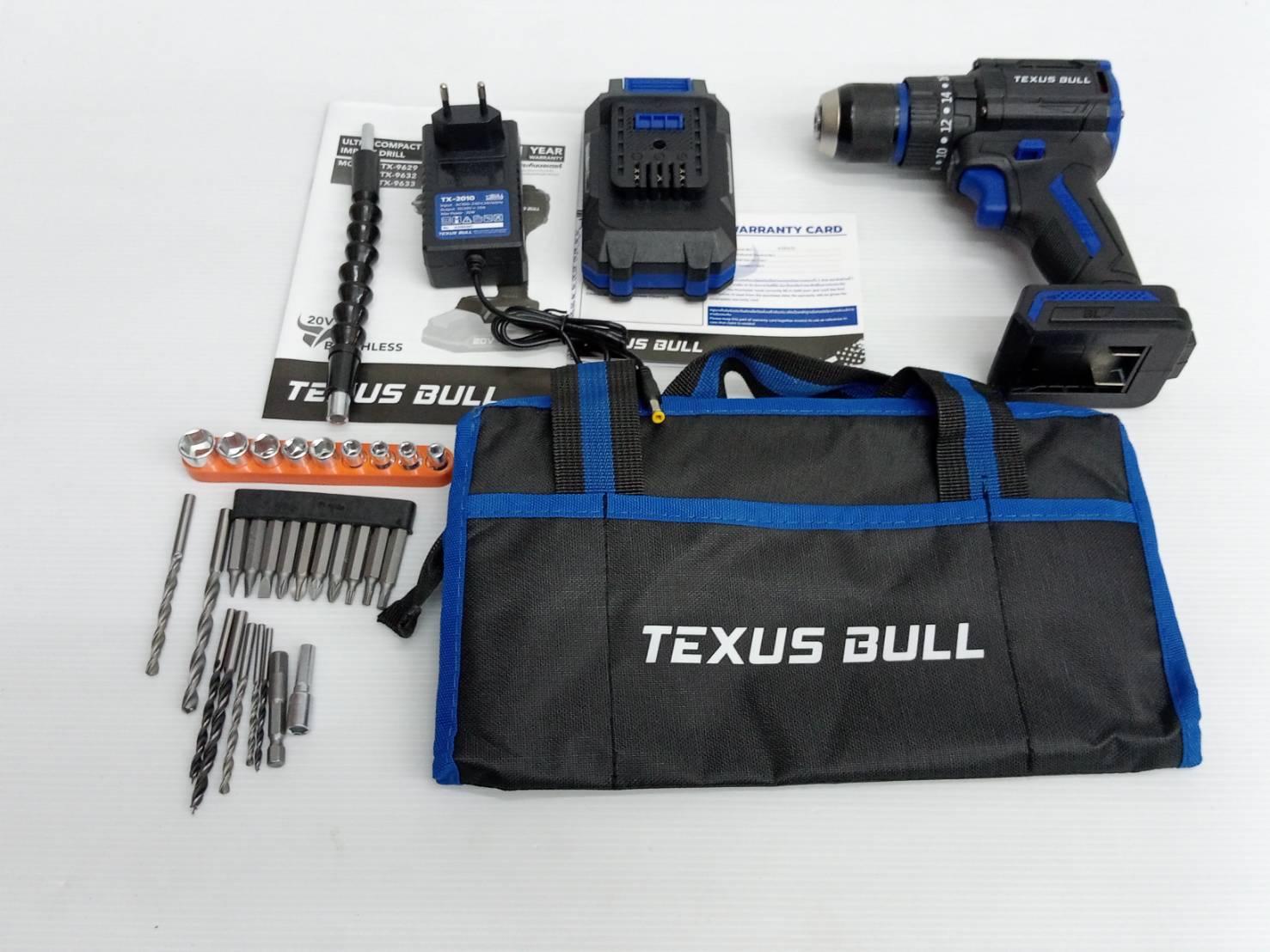 TEXUS BULL สว่านกระแทกไร้สาย คอสั้น 55Nm 20V แบตเตอรี่ 2.0Ahx1 Impact Drill TX-9632