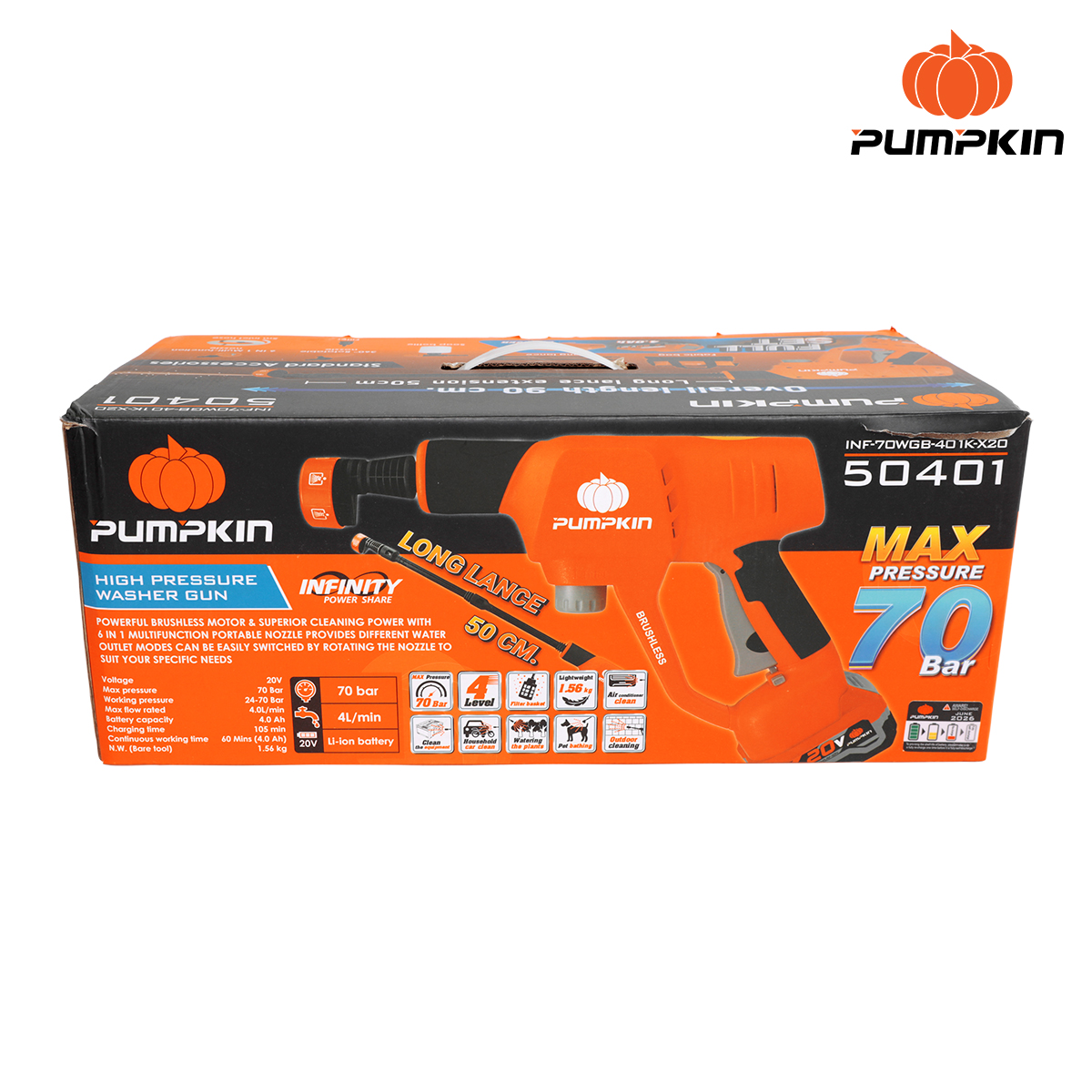 PUMPKIN เครื่องฉีดน้ำแรงดันสูงไร้สาย 20V INF-70WGB-401K-X20/ 50401 (ครบชุด)