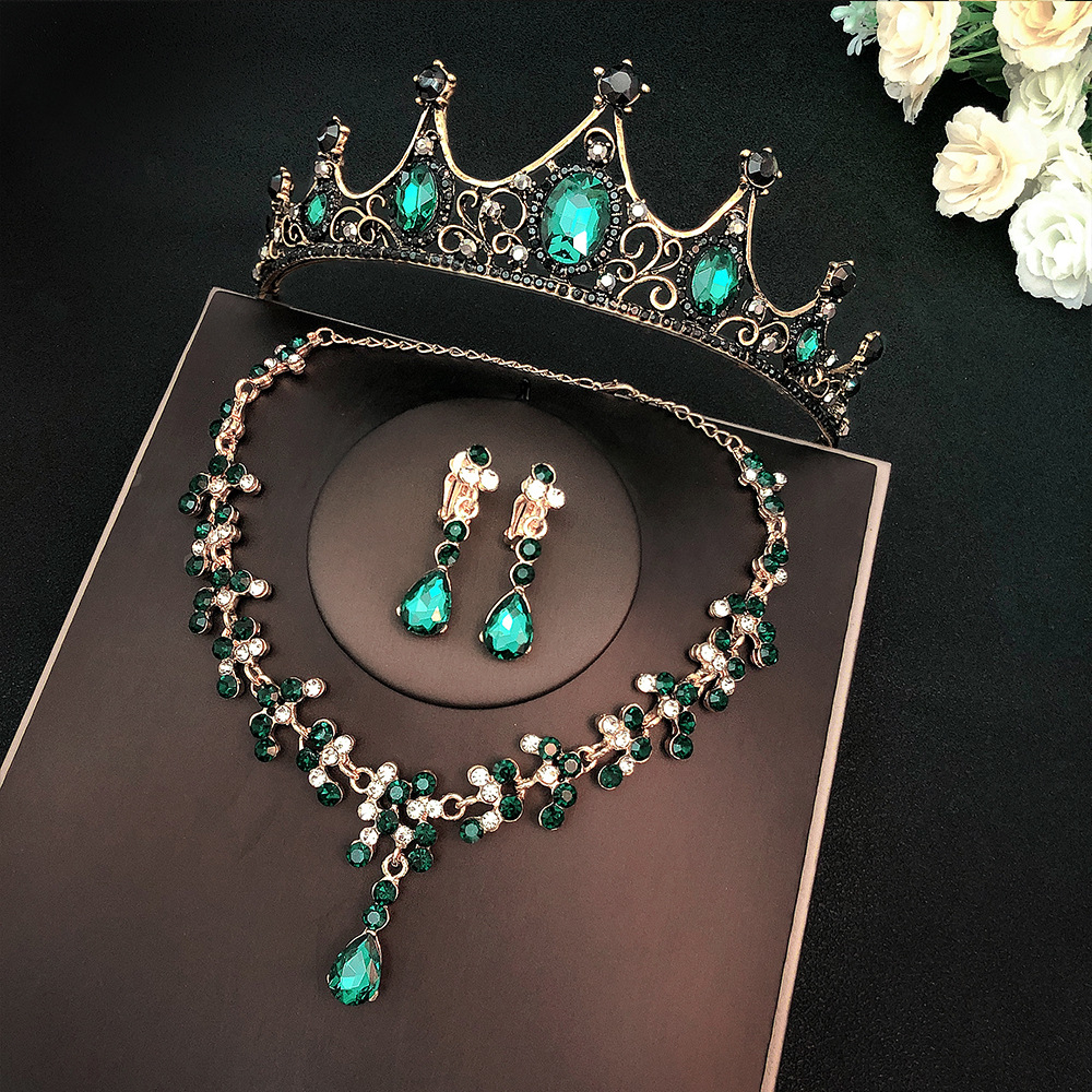 SET011 สีเขียว เครื่องประดับ 3 ชิ้น มงกุฎ สร้อยคอ ต่างหู จัดเซทสวยงาม สินค้าพร้อมส่งจากไทย