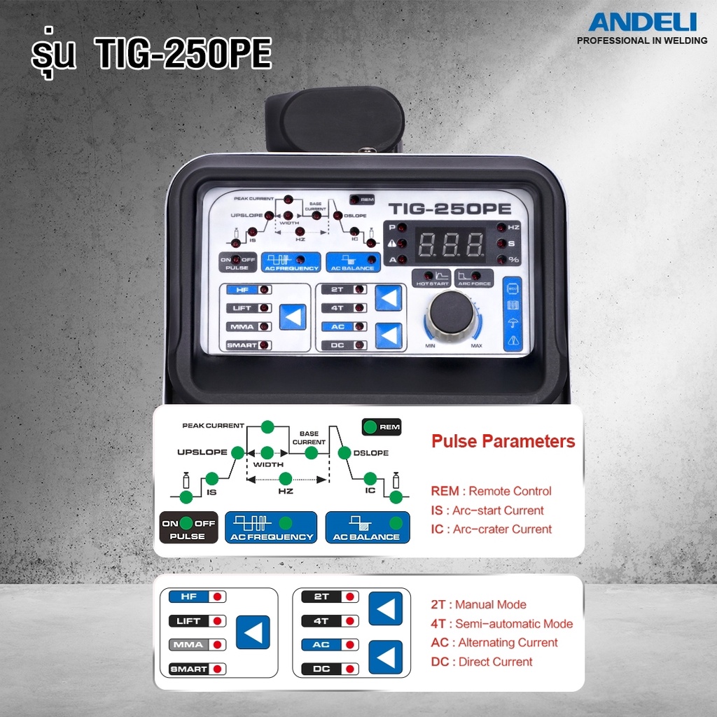 เครื่องเชื่อมอลูมิเนียม กระแสACDC ระบบ 3 in 1 TIG-250PE ANDELI