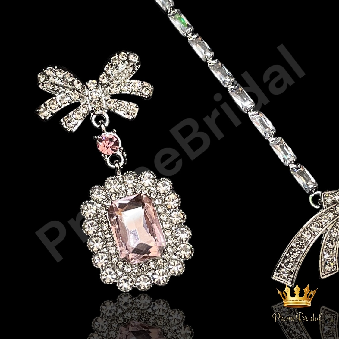 (พร้อมส่ง) สร้อยคอเพชร+ต่างหูแบบเข็ม 015 ใส่ออกงาน สวยหรูดูแพง โบว์สีชมพูหวานมาก