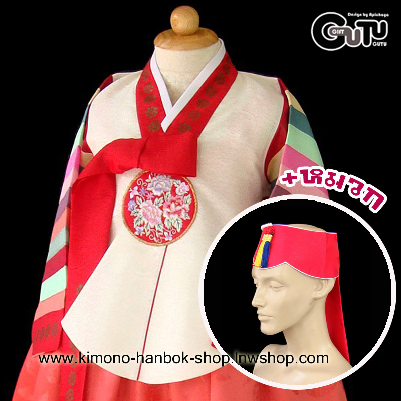 Set.ชุดฮันบกเด็กหญิง(ทังอี)+หมวก โทนสีแดง-ขาว(9 ปี) สูงประมาณ 130cm