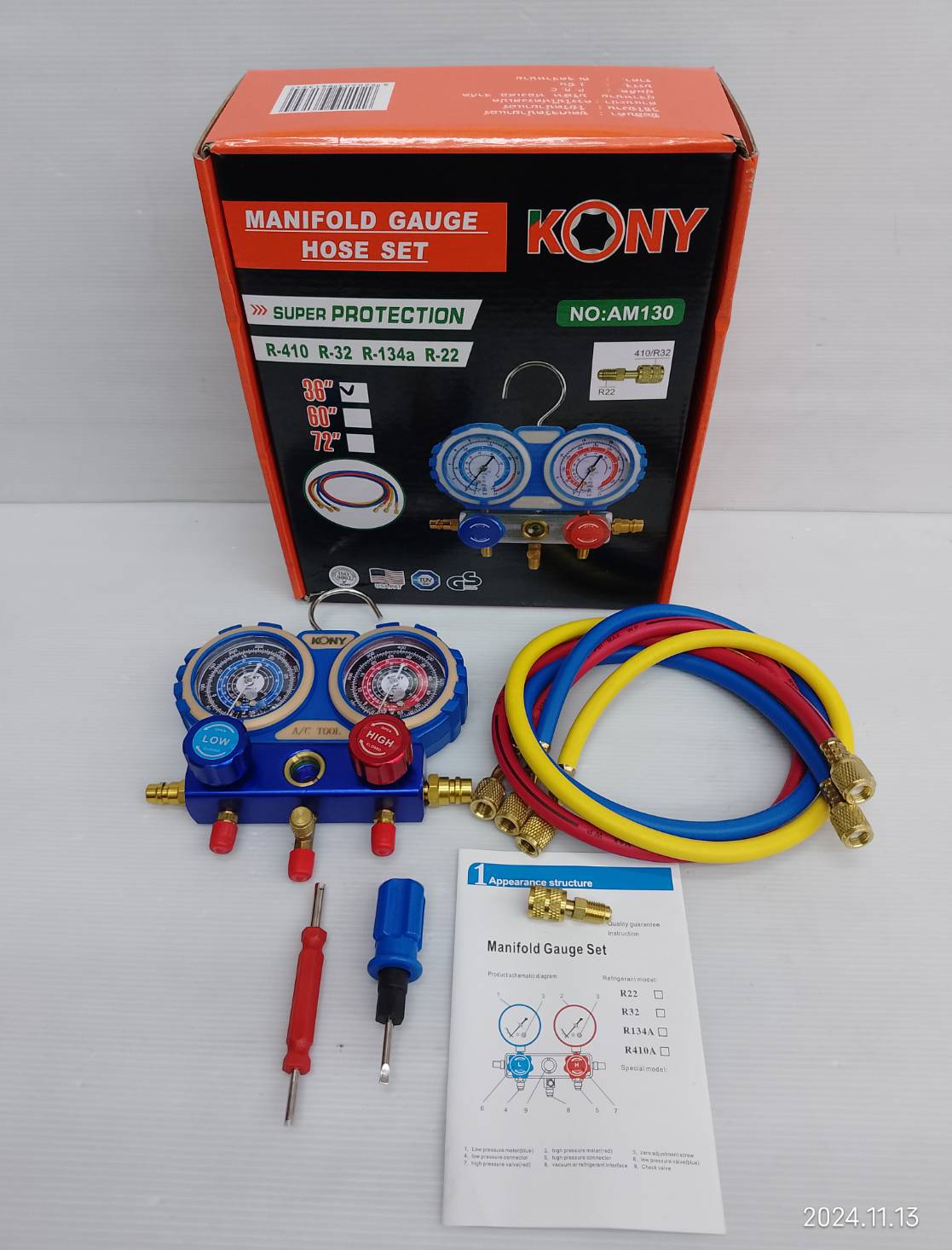 KONY ชุดเกจวัดน้ำยา R22, R134A, R32, R410 พร้อมสาย 36 นิ้ว รุ่น AM130-36