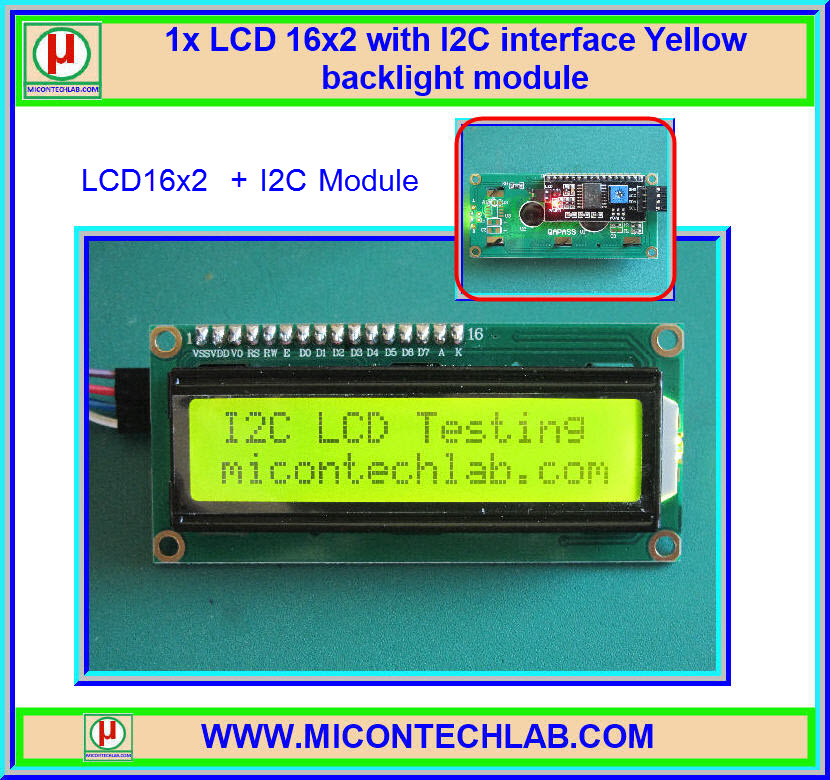 1x จอ LCD 16x2 สีเหลือง เชื่อมต่อแบบ I2C (LCD I2C)