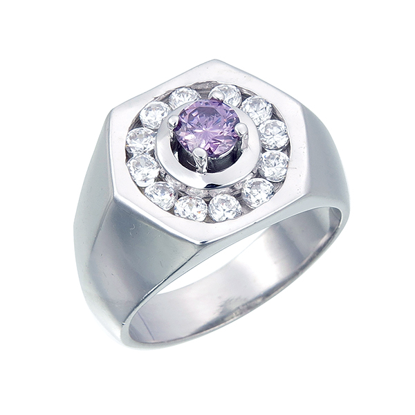 แหวนเพชรผู้ชาย ประดับเพชรCZ แหวนหน้าหกเหลี่ยม ฝังพลอยม่วงเม็ดชู โตๆตรงกลางสวยใส สง่ามีรสนิยม ล้อมรอบเพชรกลมขาว แวว วาว งานอลังการ ไม่ซ้ำใคร