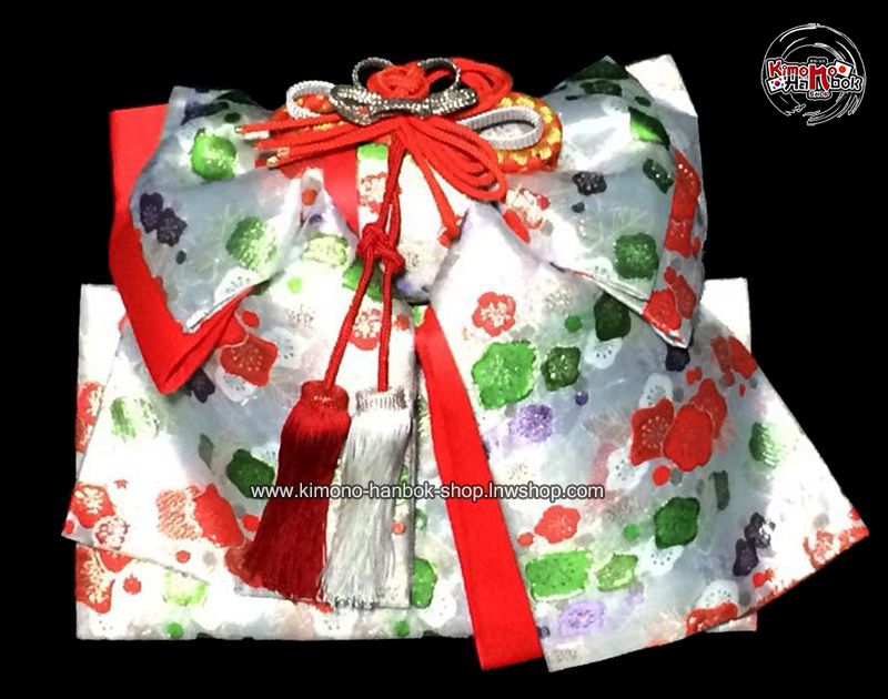 โอบิผ้าทอโบว์สำเหร็จอันใหญ่(s-M) สีเงิน ขาว ลายดอกไม้