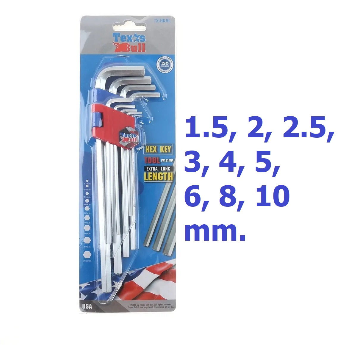 TEXAS BULL กุญแจ 6 เหลี่ยม 9 ตัว รุ่น TX-HK9L หัวหกเหลี่ยม