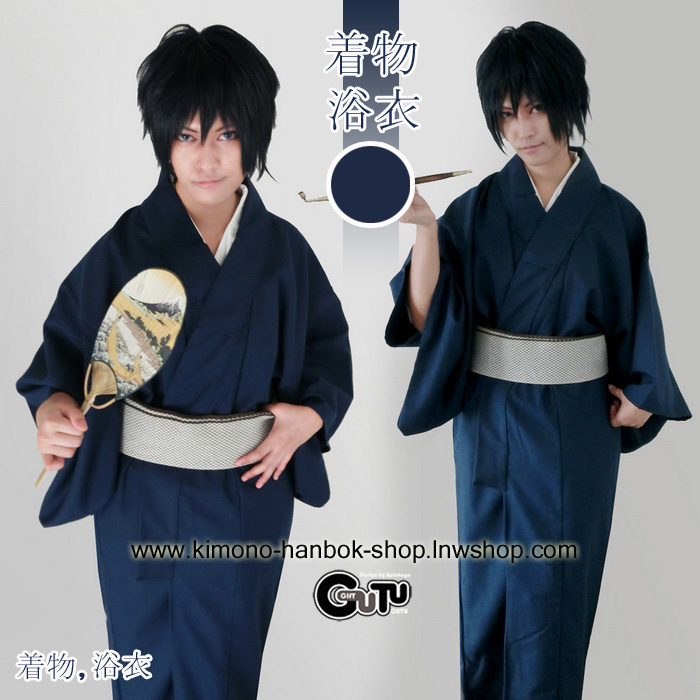 set.กิโมโนหน้าร้อนชาย สีน้ำเงินพื้น+โอบิสำเร็จชาย