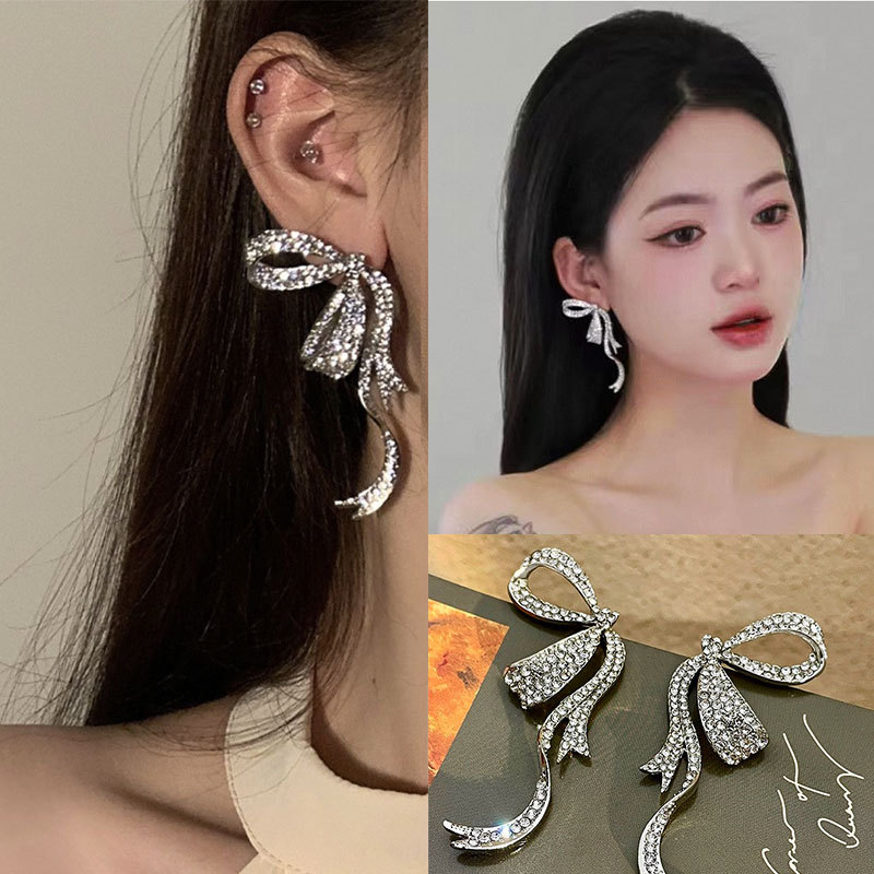 (พร้อมส่ง) ต่างหู แบบเข็ม รูปโบว์ สีเงิน งานเพชรหรูหรา แฟชั่นสไตล์เกาหลี พร้อมส่งจากไทย