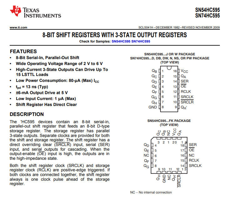 1x ไอซี SN74HC595N ชิฟรีจีสเตอร์ 8 บิต TEXAS INSTRUMENT