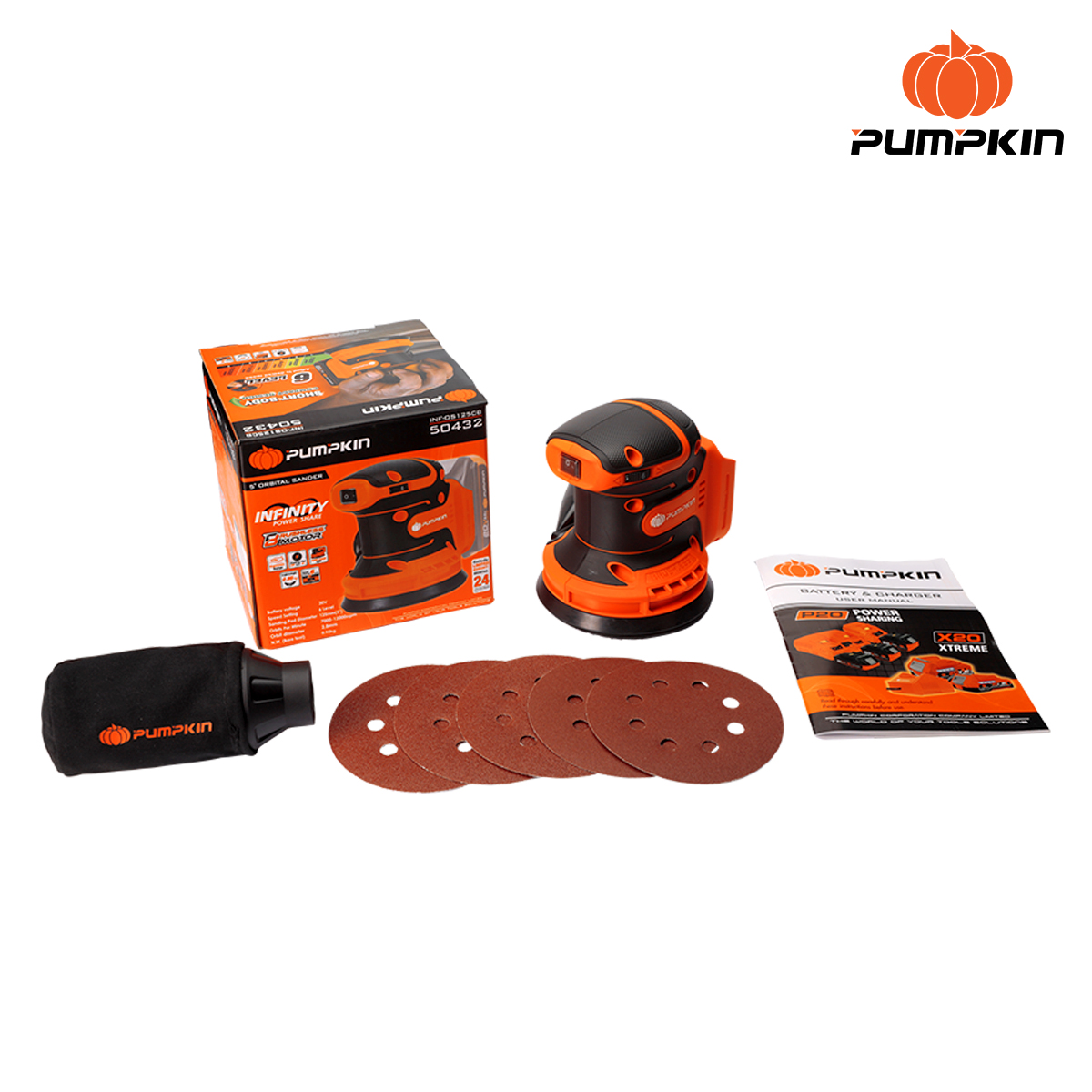 PUMPKIN เครื่องขัดกระดาษทรายกลม5นิ้ว 20V INF-512RSCB 50432 เครื่องเปล่า