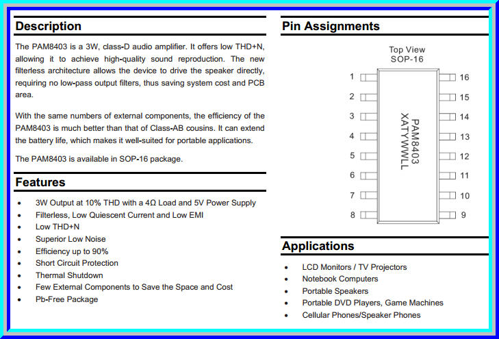 1x ไอซีขยายเสียงสเตอริโอ PAM8403 คลาส D 3W+3W (Power Amplifier)