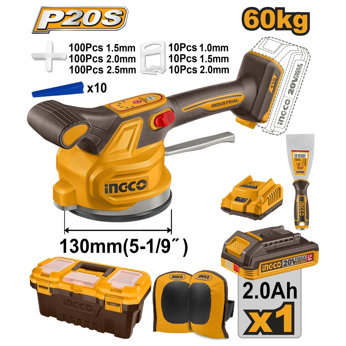 INGCO เครื่องดูดสั่นกระเบื้องไร้สาย 20 โวลต์ รุ่น CTVLI20018 แรงดูดกระเบื้องสูง 60 กก. รวมแบตเตอรี่และแท่นชาร์จ