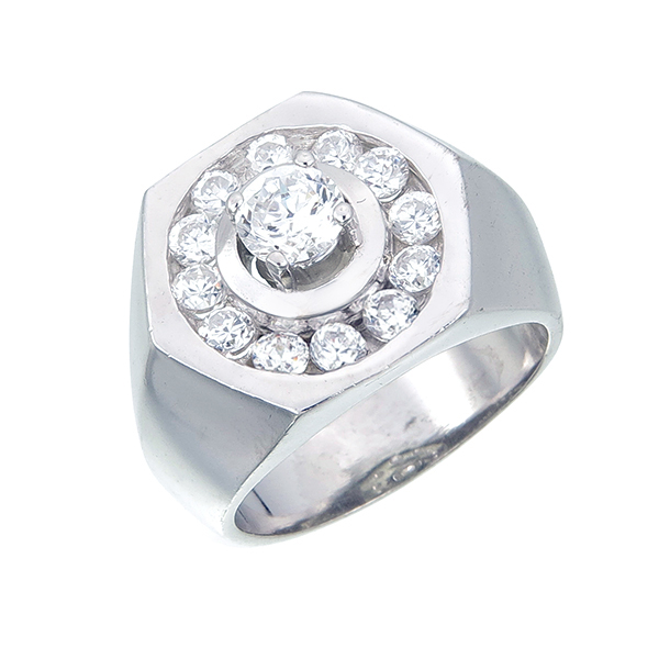 แหวนเงินผู้ชาย ประดับเพชรCZ แหวนหน้าหกเหลี่ยม ฝังเพชรเม็ดชู โตๆตรงกลาง ล้อมรอบเพชรเม็ดเล็ก แวว วาว งานอลังการ ไม่ซ้ำใคร