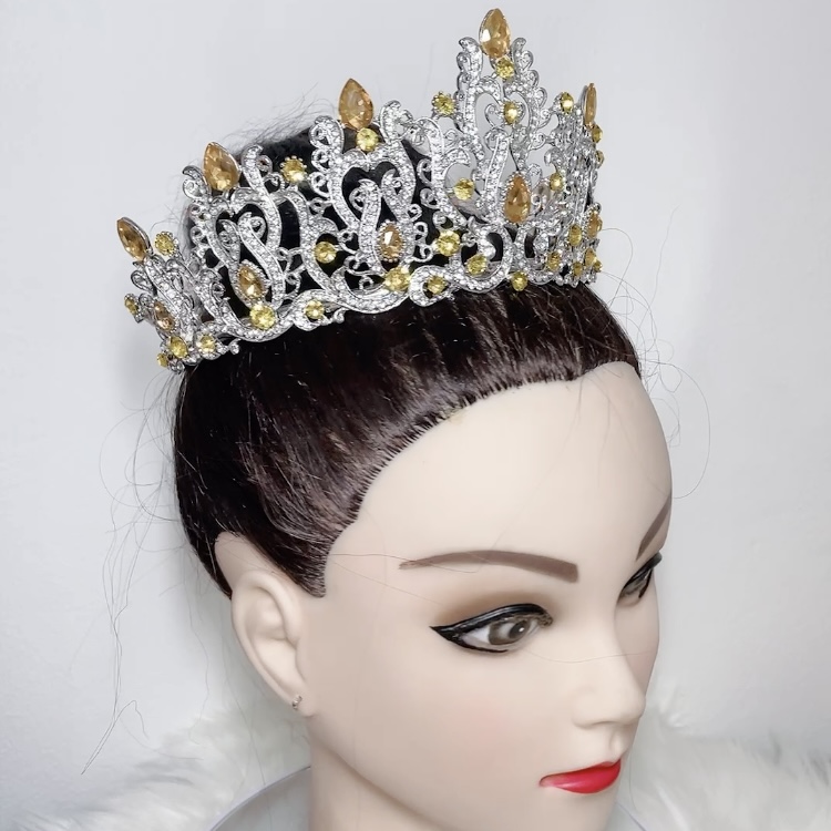 (พร้อมส่งจากไทย) มงกุฏ 114 สีเหลือง มงกุฎนางงาม มงกุฎเพชร สวยงามอลังการ ฐานมงวงกลมปรับได้