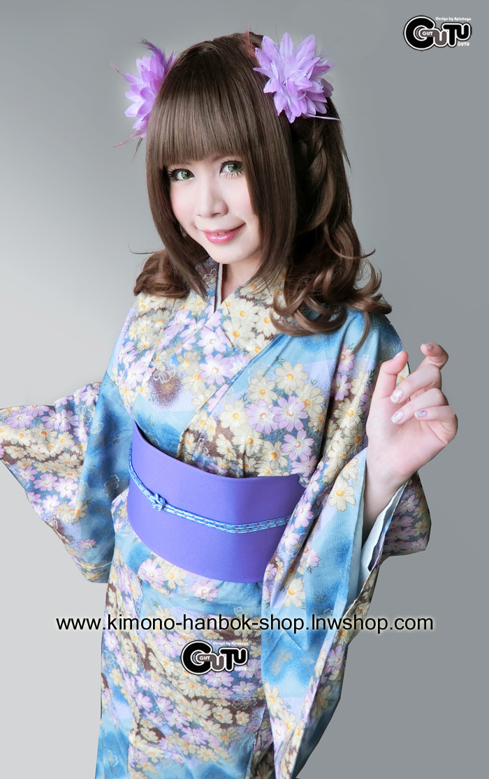 ยูกาตะ สีผ้าลายดอกไม้01(*ชุดสุดท้าย)