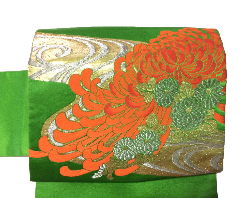 โอบิสำเร็จทรงหมอนสีเขียว ผ้าไหมแท้ มือ1