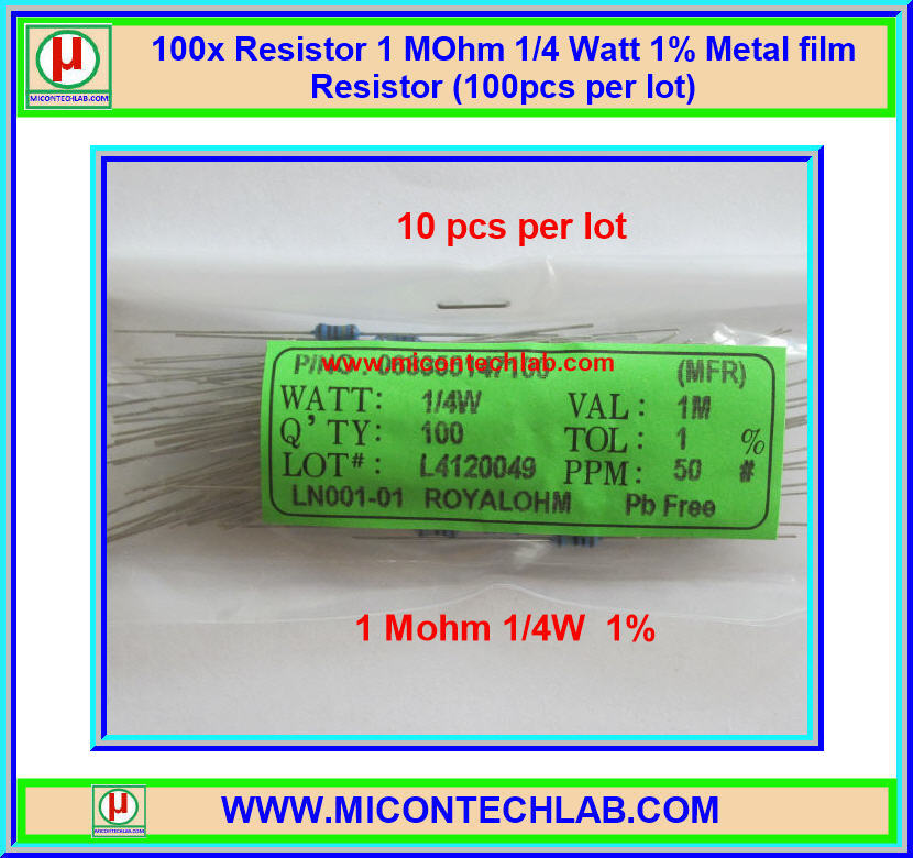 100x ตัวต้านทาน 1 Mohm 1/4 Watt 1% Metal film Resistor
