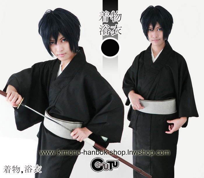 set.กิโมโนหน้าร้อนชาย สีดำพื้น+โอบิสำเร็จชาย