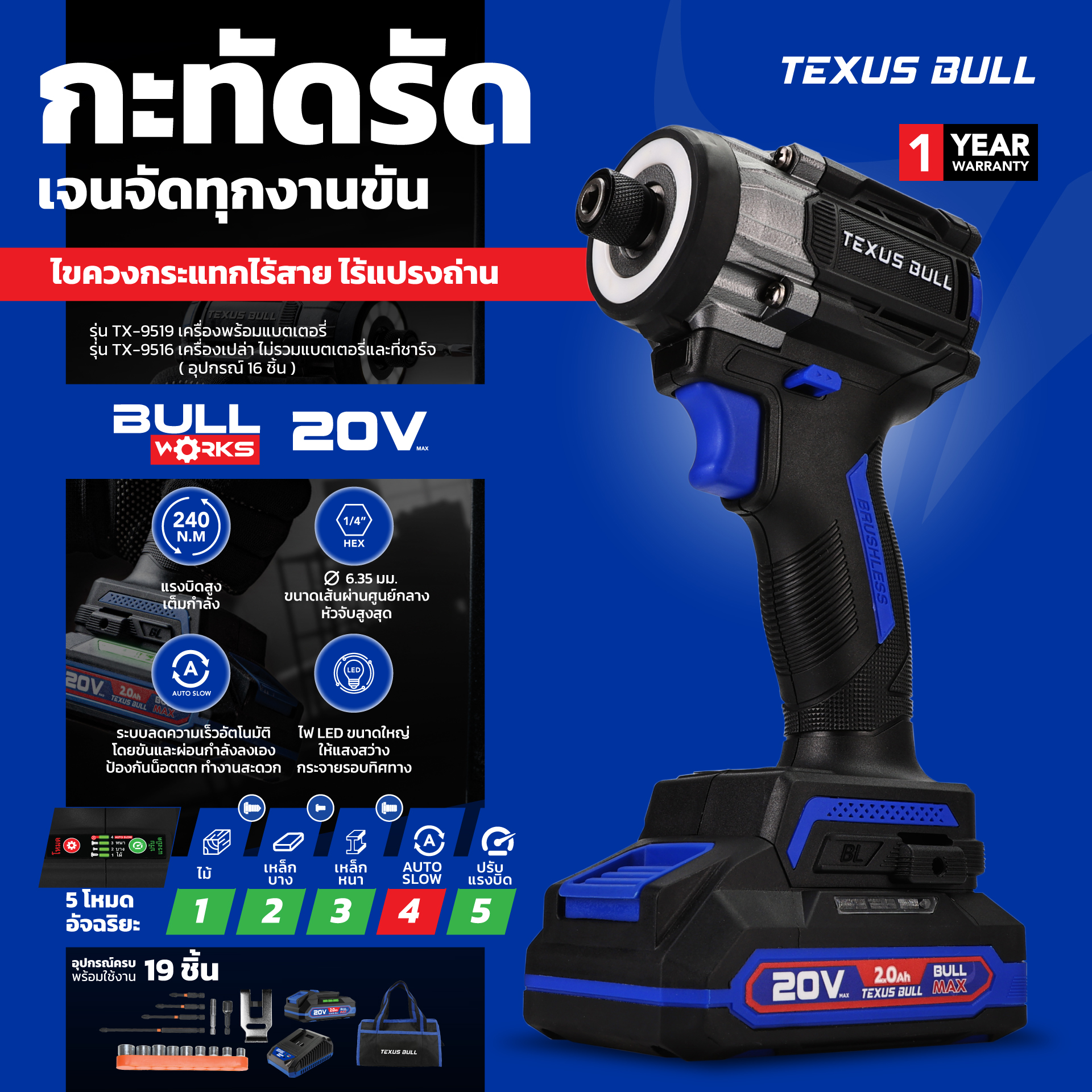 TEXUS BULL ไขควงแระแทกไร้สาย 20V อุปกรณ์19ชิ้น TX-9516 (ไม่รวมแบต ไม่รวมแท่นชาร์จ)
