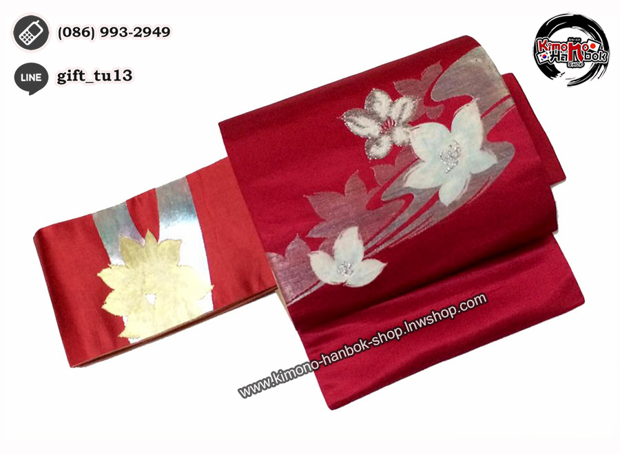 โอบิสำเร็จทรงหมอนสีแดง ผ้าไหมแท้ *มือ2/สภาพดี 80% ลดพิเศษ