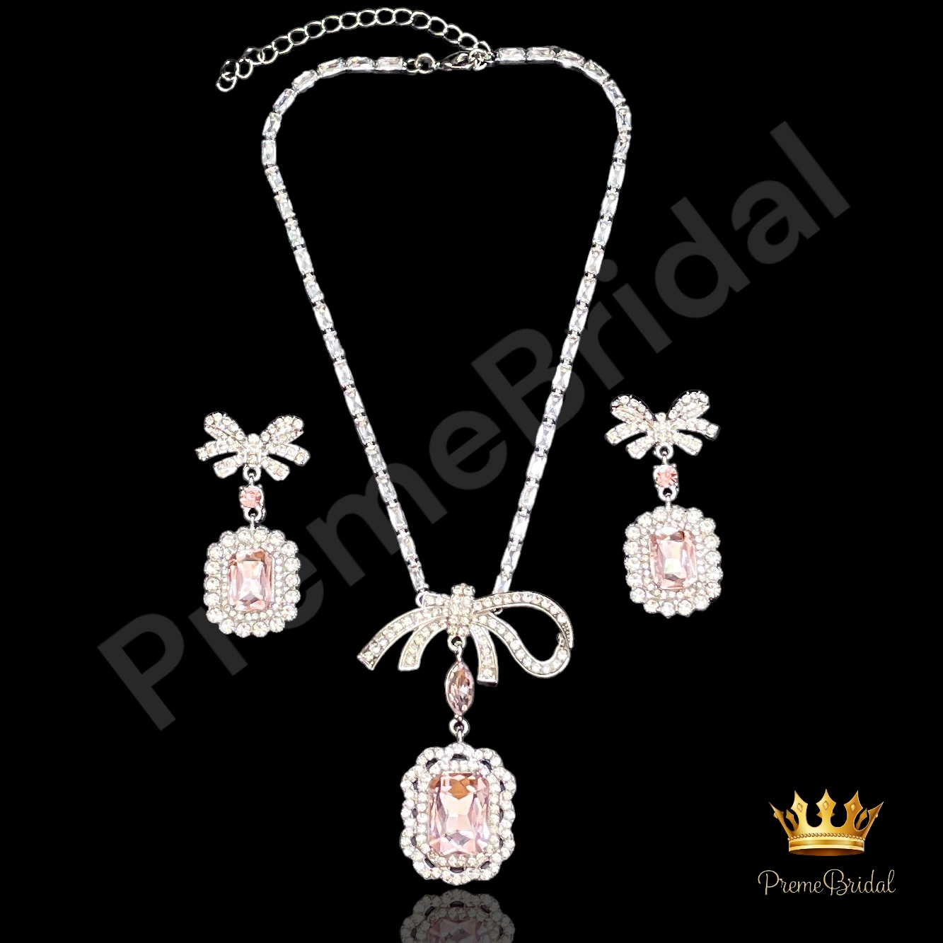 (พร้อมส่ง) สร้อยคอเพชร+ต่างหูแบบเข็ม 015 ใส่ออกงาน สวยหรูดูแพง โบว์สีชมพูหวานมาก