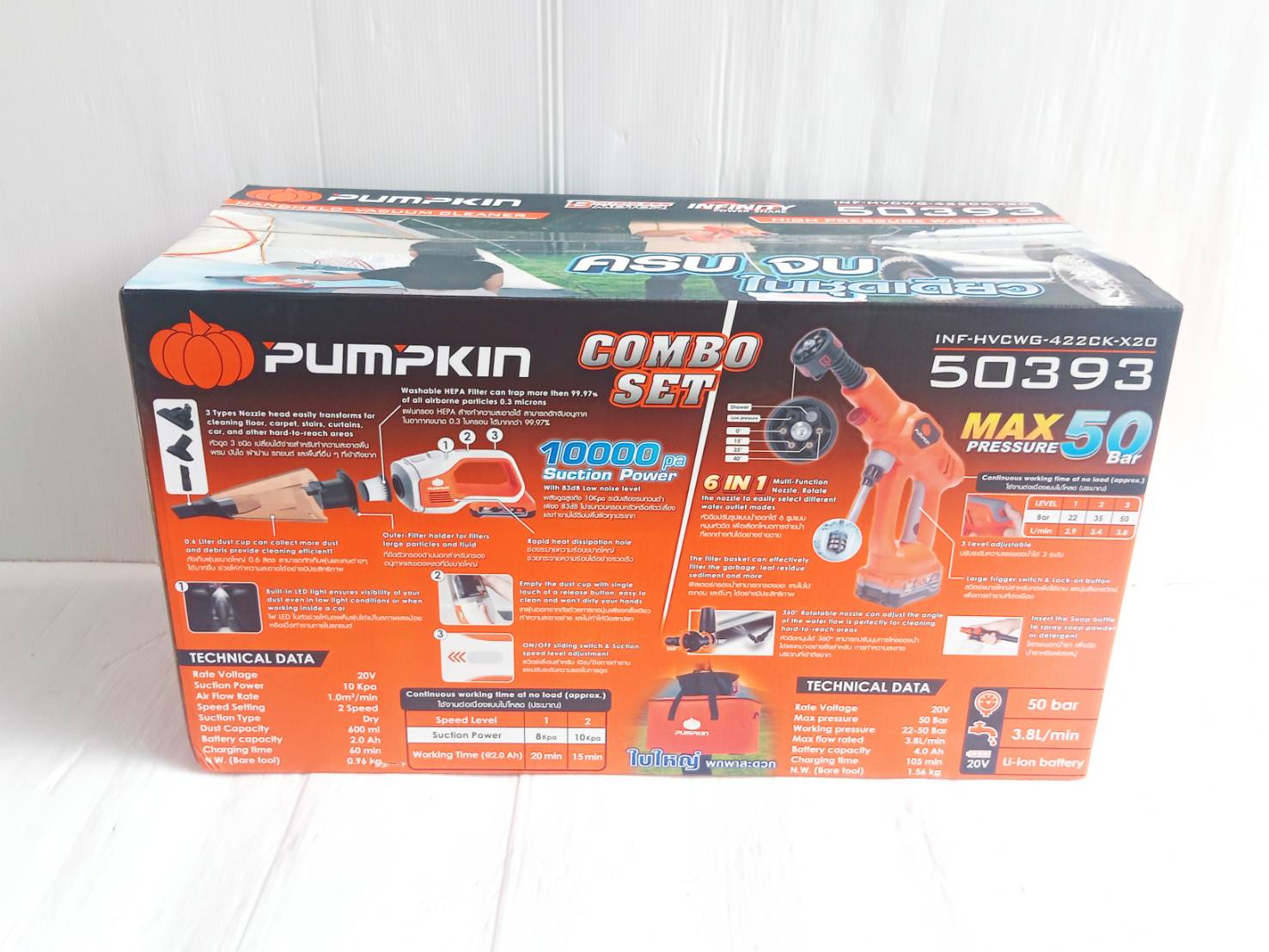 Combo ชุดดูดฝุ่น+เครื่องฉีดน้ำแรงดันสูง20V INF-HVCWG-422CK-X20 PUMPKIN 50393