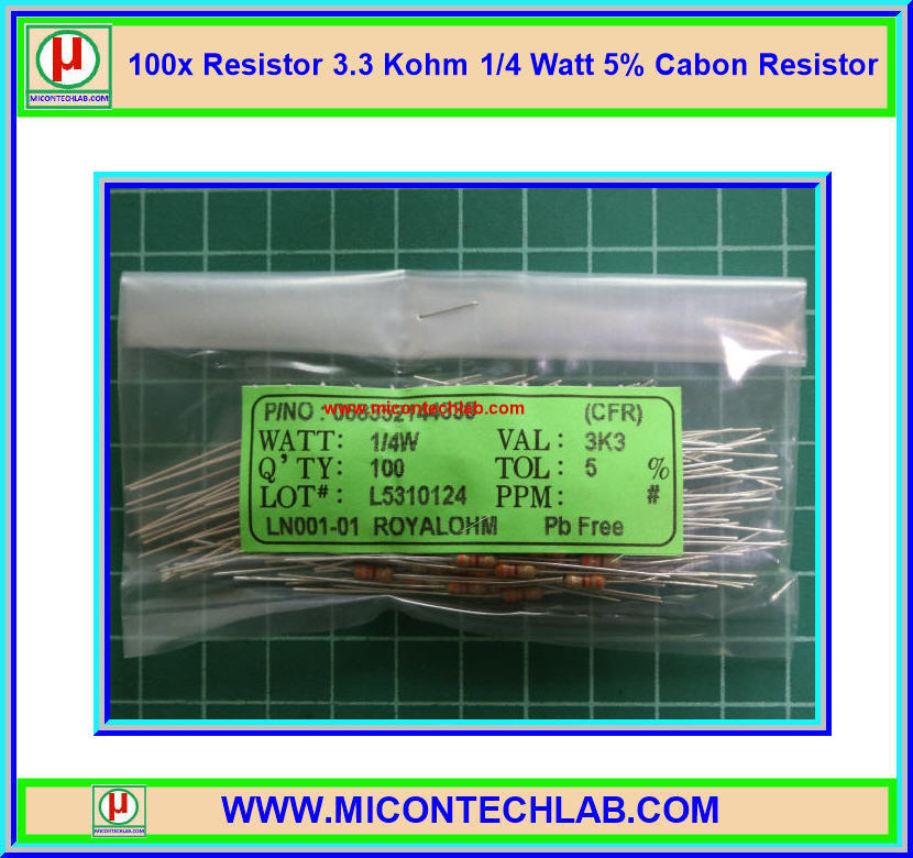 100x Resistor 3.3 Kohm 1/4 Watt 5% Cabon Resistor