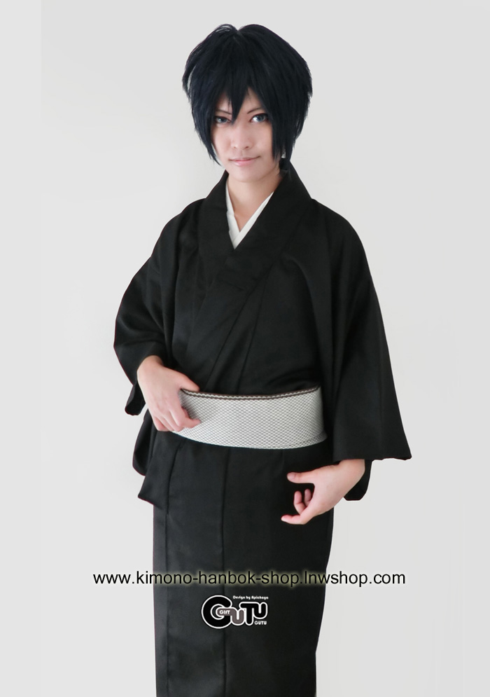 Set. กิโมโน(หน้าร้อน)ชาย+ฮากามะ สีขาว-ดำ