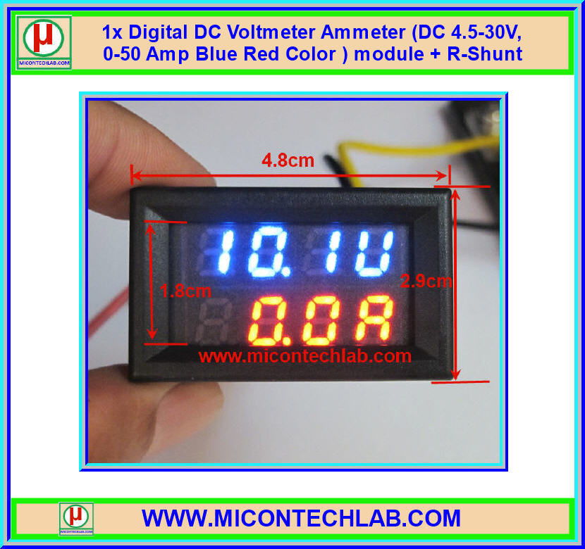 1x Digital DC Voltmeter Ammeter (DC 0-30V, 0-50Amp Blue Red ) module + R-Shunt