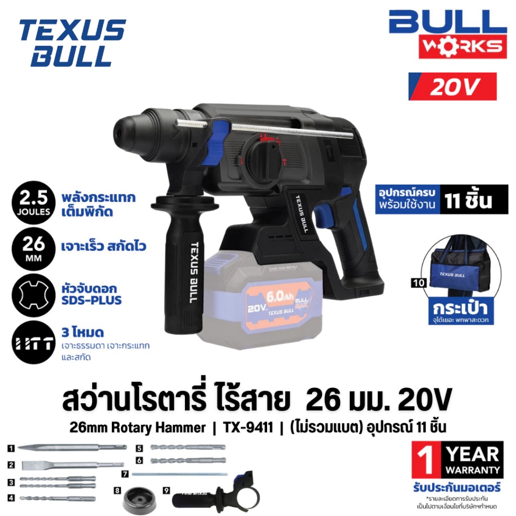 TEXUS BULL สว่านโรตารี่ไร้สาย 26มม. 3ระบบ 20V Rotary Hammer TX-9411 (ตัวเปล่า)