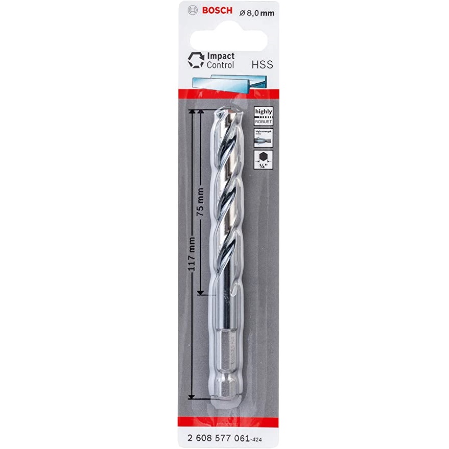 ดอกเจาะโลหะก้านหกเหลี่ยม 8 มม. HSS-G HEX BOSCH #2608577061