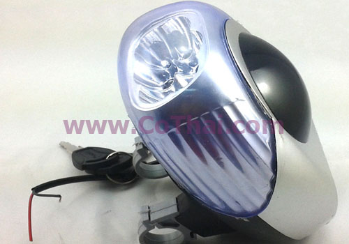 โคมไฟหน้า 48v led6ดวง แสดงระดับแบตเตอรี่ สีเทาเทา พร้อมแตรและกุญแจ รถจักรยานไฟฟ้า