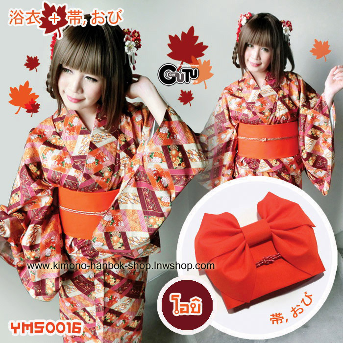 set.ยูกาตะ สีแดงส้มลายโบราณ01